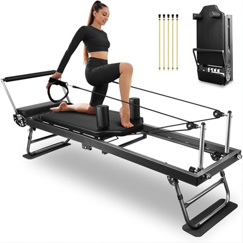 PTEROMYS Foldable Pilates Reformer Machine with 4 Springs Home Gym Black