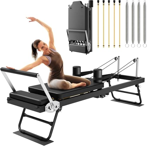 PTEROMYS Foldable Pilates Reformer Machine with 4 Springs Home Gym Black