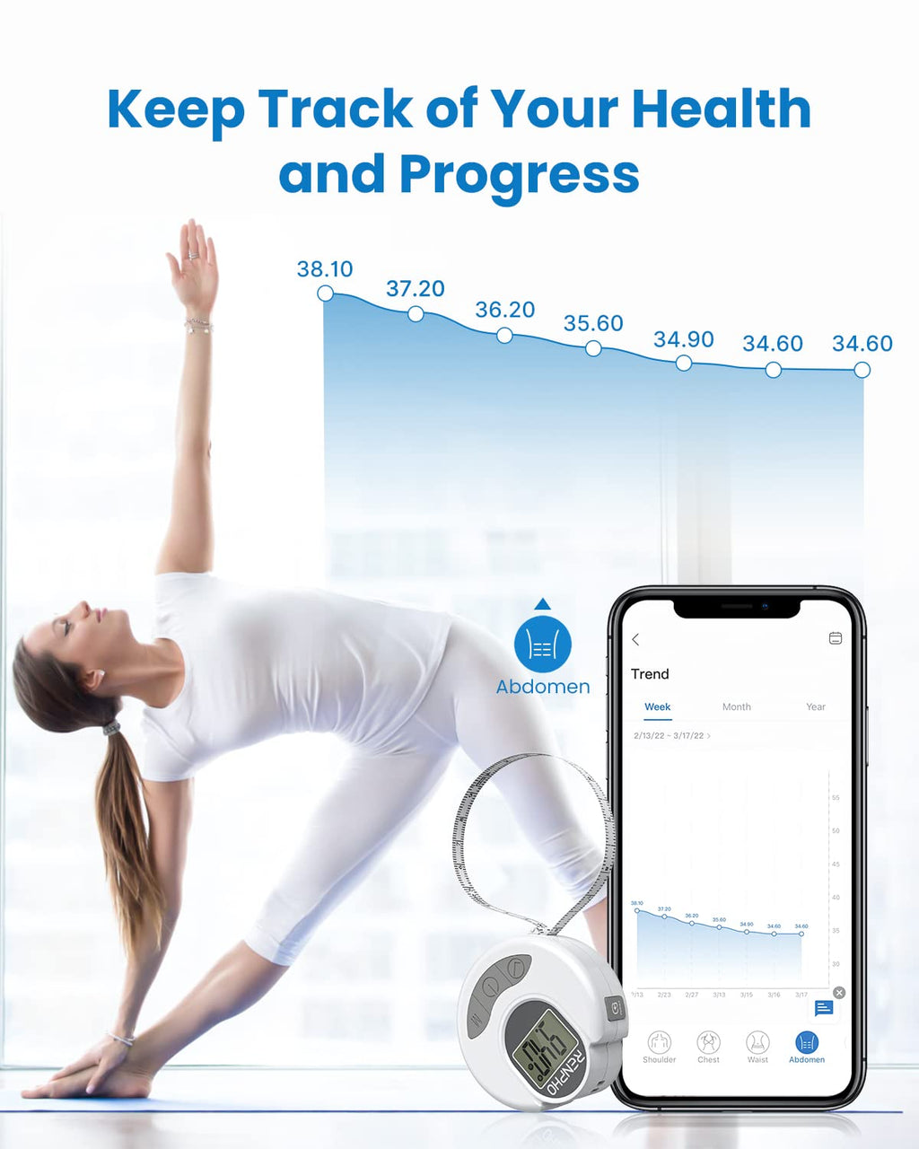 RENPHO Smart Bluetooth Digital Body Measuring Tape R-Y001 White