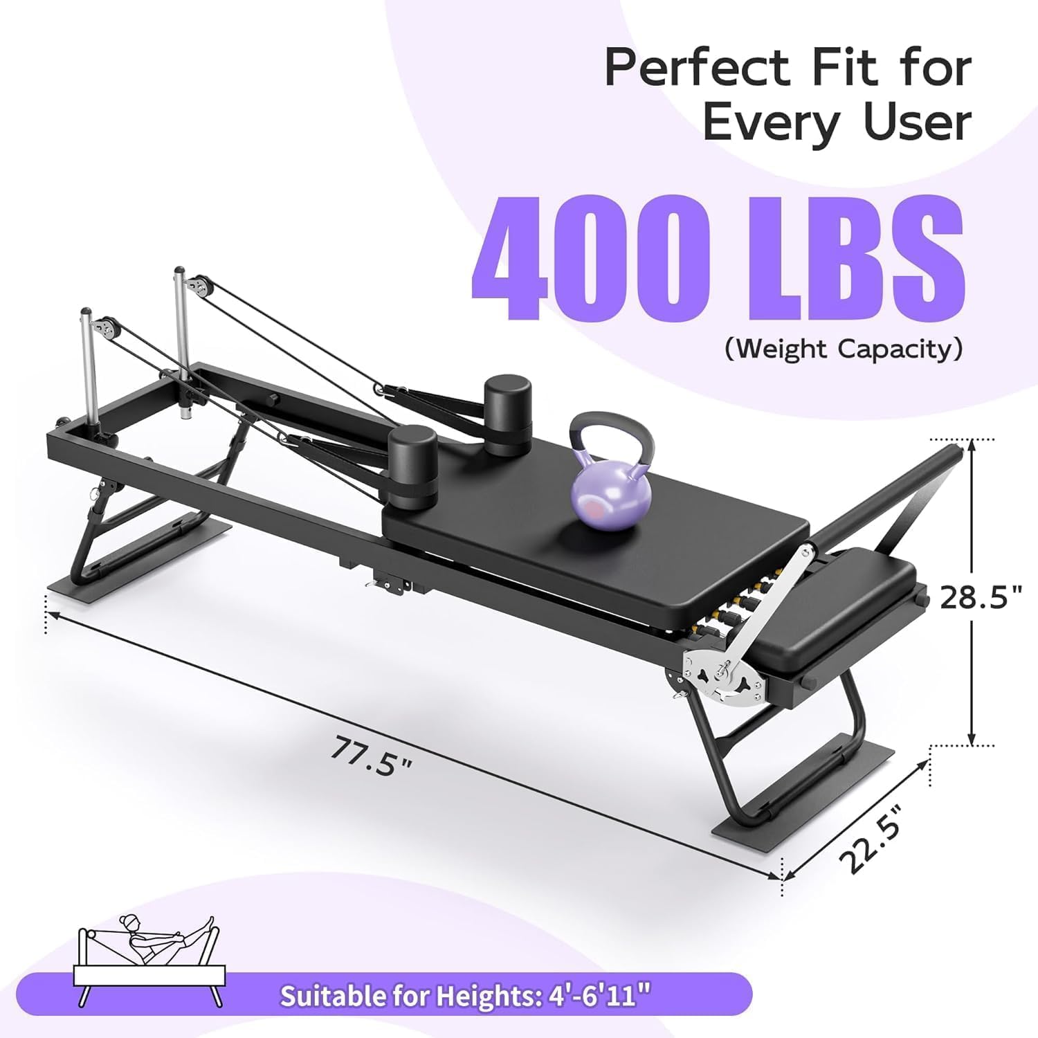 PTEROMYS Foldable Pilates Reformer Machine with 4 Springs Home Gym Black