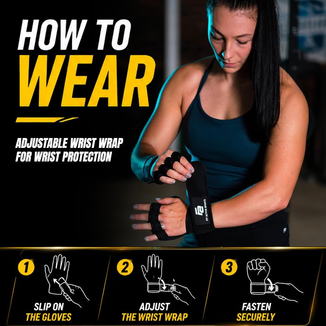 Fit Active Sports Ventilated Weight Lifting Gloves with Built-In Wrist Wraps Black Small