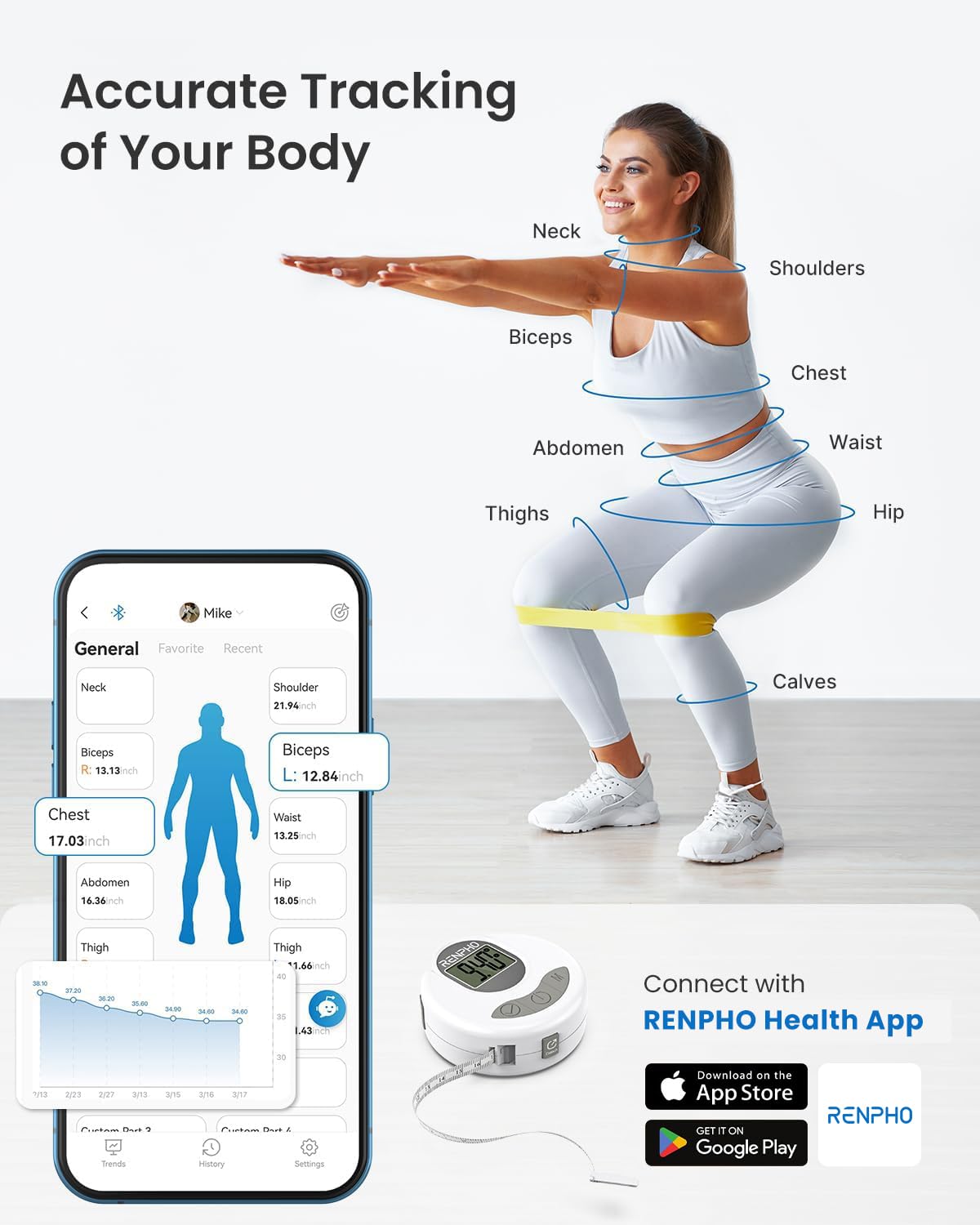 RENPHO Smart Bluetooth Digital Body Measuring Tape R-Y001 White