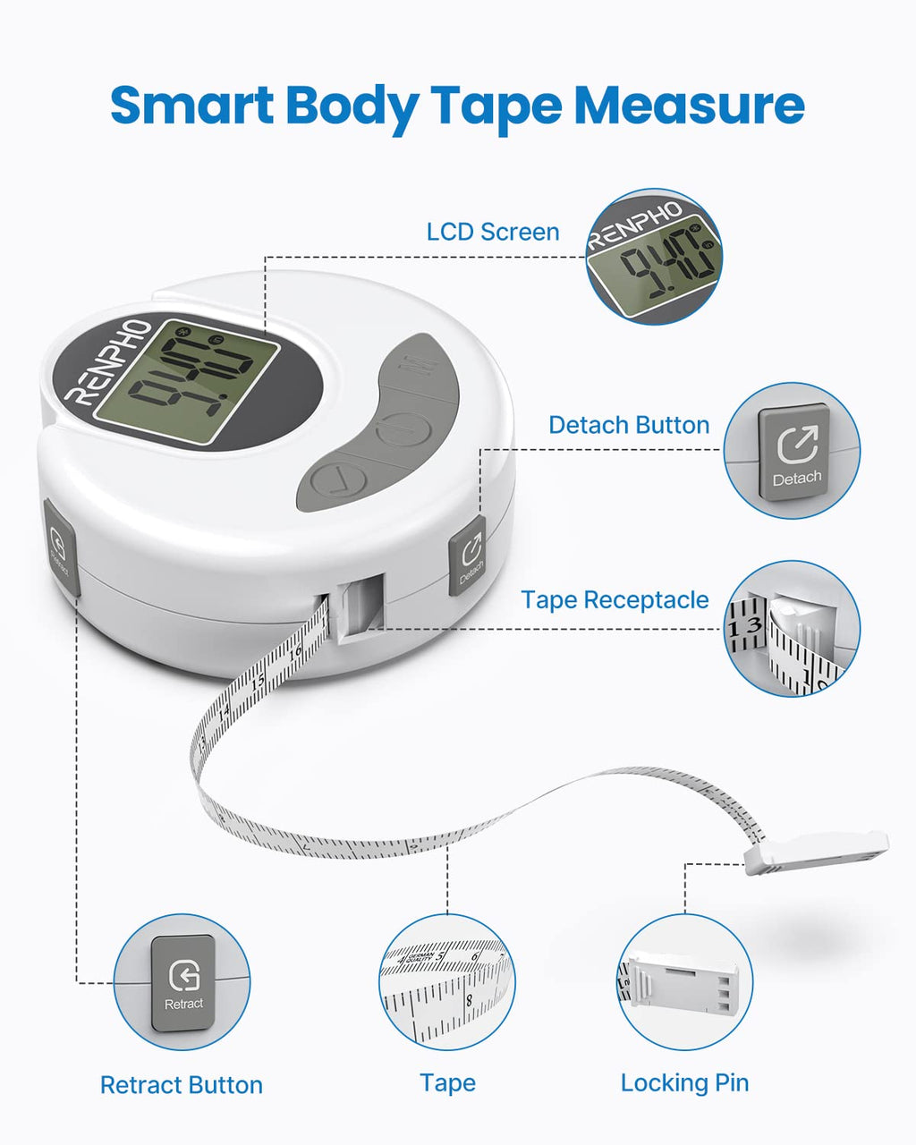 RENPHO Smart Bluetooth Digital Body Measuring Tape R-Y001 White
