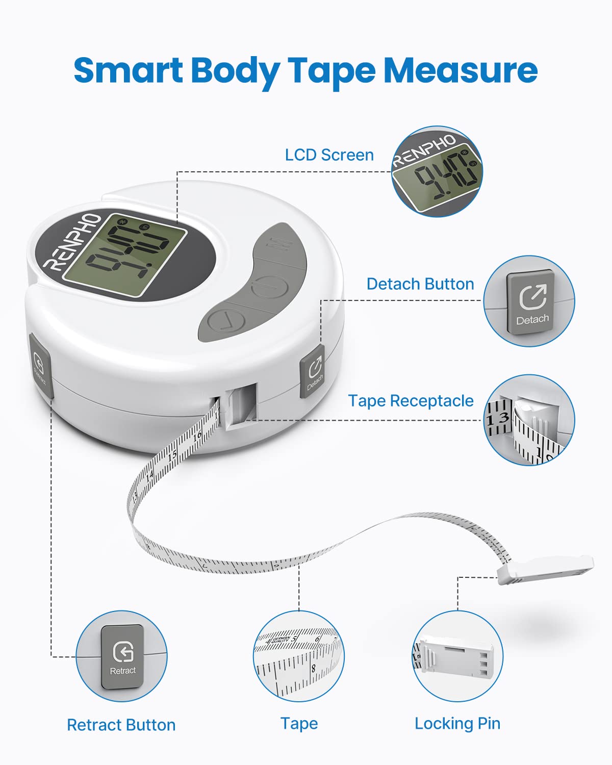 RENPHO Smart Bluetooth Digital Body Measuring Tape R-Y001 White