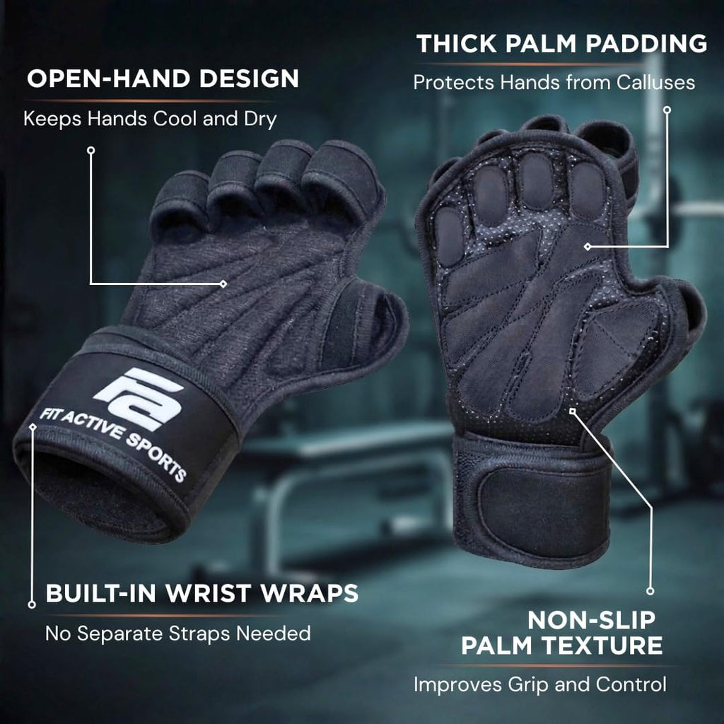 Fit Active Sports Ventilated Weight Lifting Gloves with Built-In Wrist Wraps Black Small