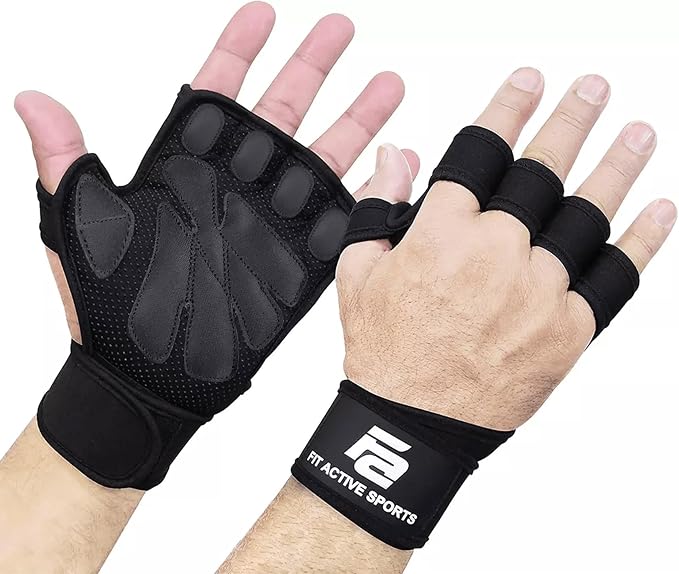 Fit Active Sports Ventilated Weight Lifting Gloves with Built-In Wrist Wraps Black Small