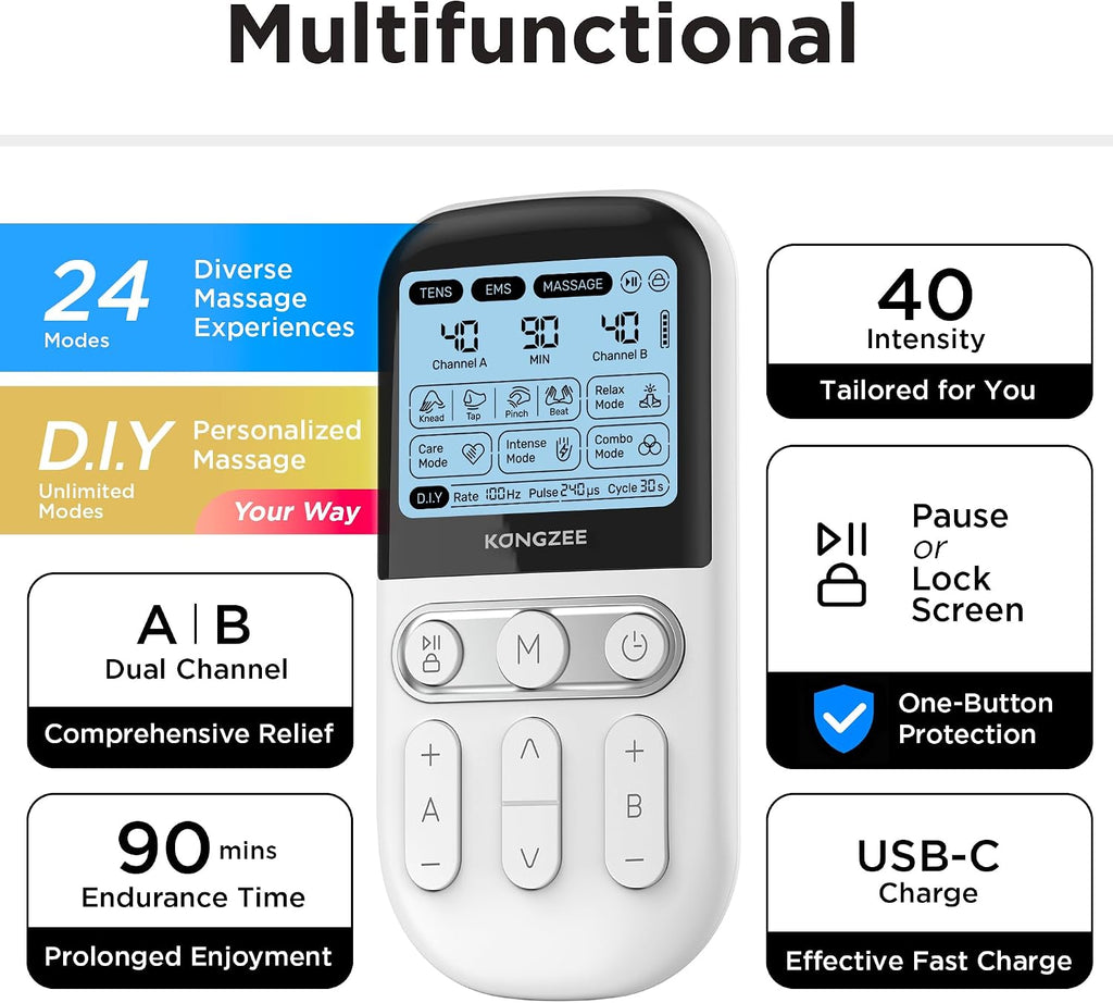 Kongzee AS9026 4-in-1 TENS Unit EMS Muscle Stimulator Rechargeable White