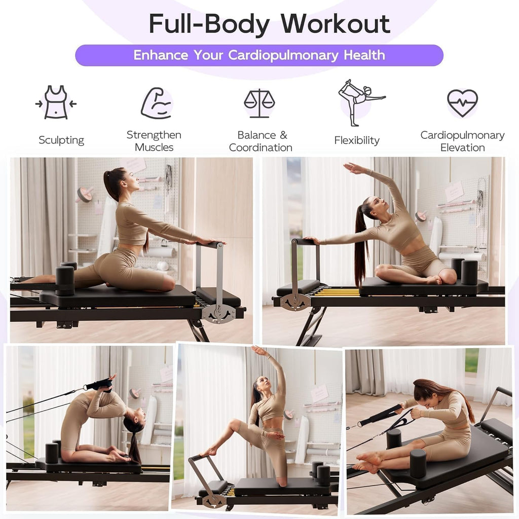 PTEROMYS Foldable Pilates Reformer Machine with 4 Springs Home Gym Black