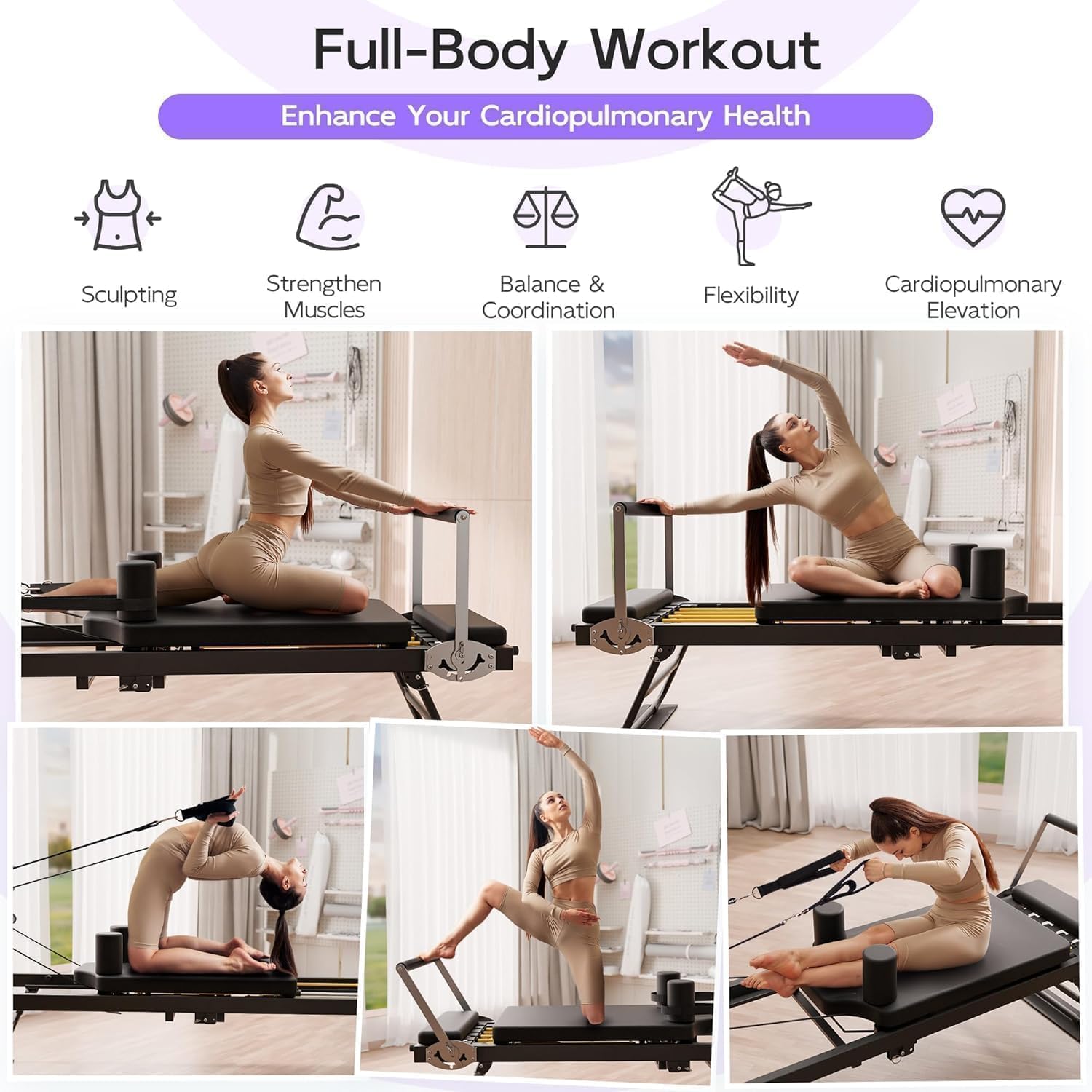 PTEROMYS Foldable Pilates Reformer Machine with 4 Springs Home Gym Black