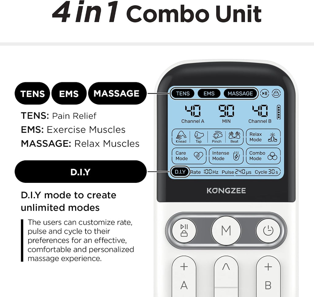 Kongzee AS9026 4-in-1 TENS Unit EMS Muscle Stimulator Rechargeable White