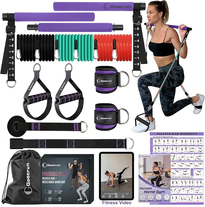 Goocrun Portable Pilates Bar Kit with Resistance Bands 3 Sets Home Gym Workout