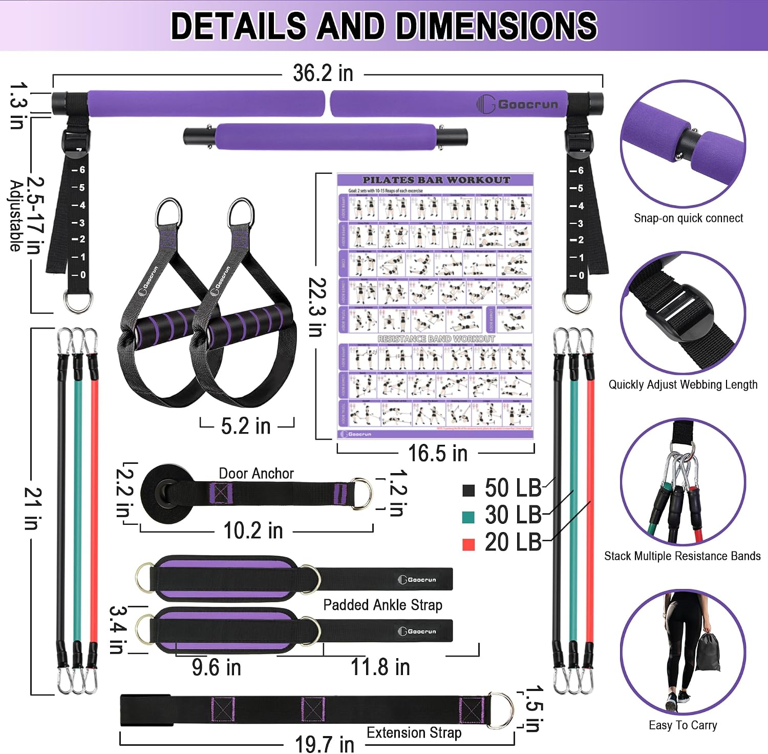 Goocrun Portable Pilates Bar Kit with Resistance Bands 3 Sets Home Gym Workout