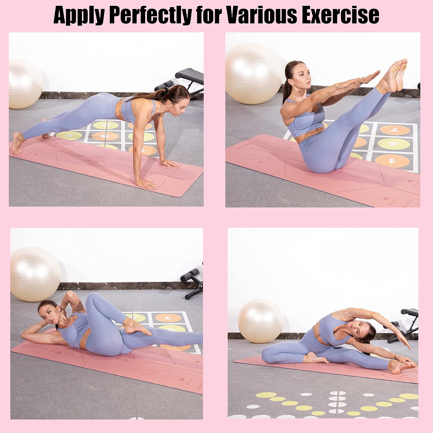 Herui Technology Alignment Lines Yoga Mat 72x24x0.24 Inch Pink