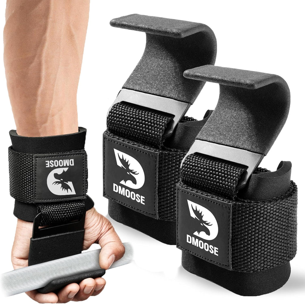 DMoose Fitness Weight Lifting Hooks with Thick Wrist Padding Black (Pair)