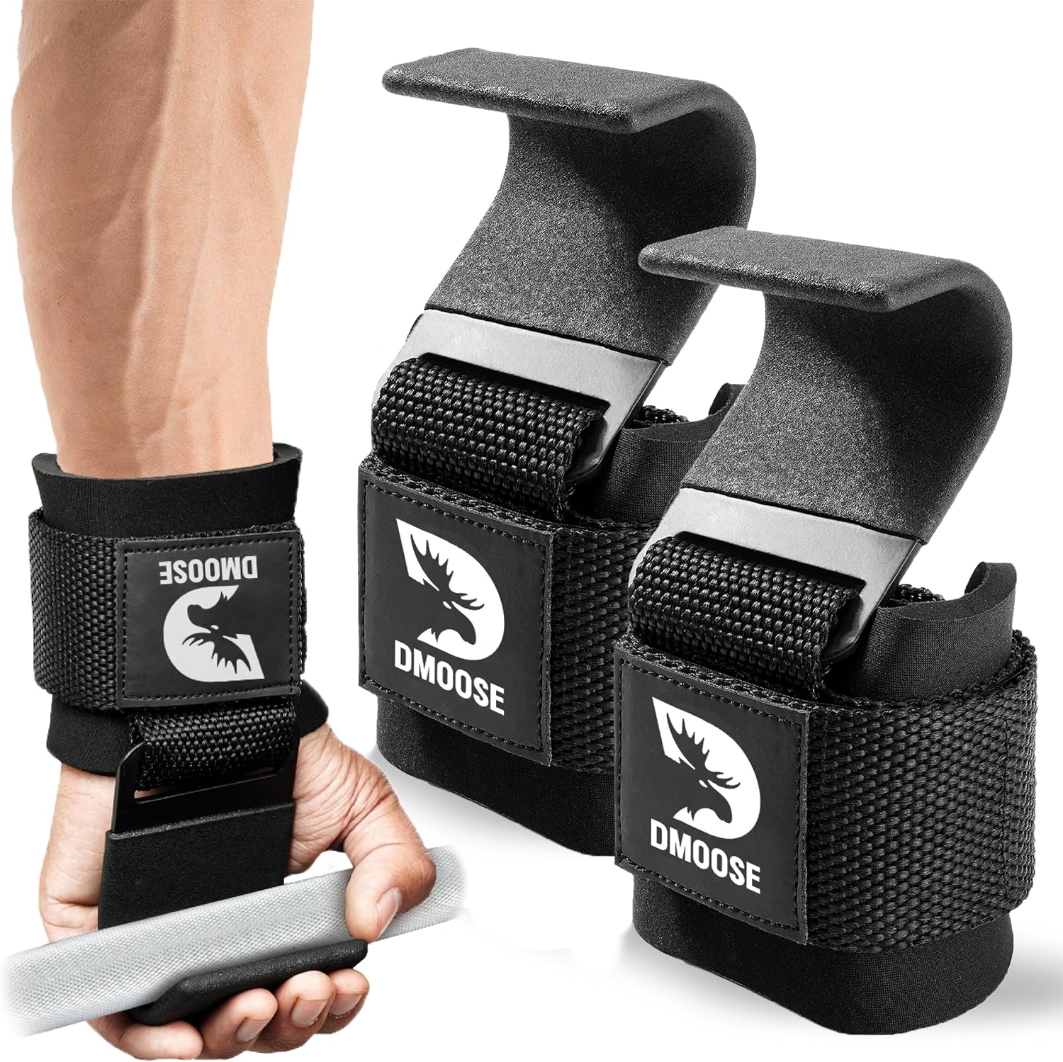 DMoose Fitness Weight Lifting Hooks with Thick Wrist Padding Black (Pair)