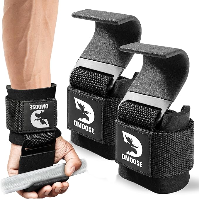DMoose Fitness Weight Lifting Hooks with Thick Wrist Padding Black (Pair)